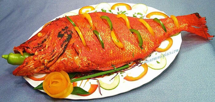 A freshly caught seafood served at a restaurant in Alleppey