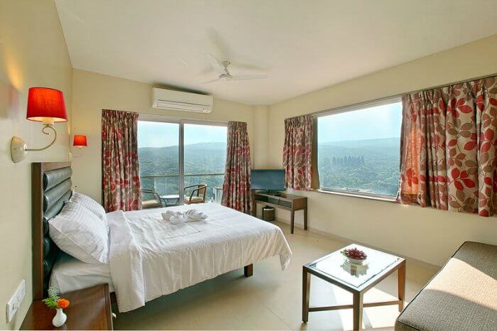 The stunning views of the rolling hills from a room at Bella Vista Resort, Mahabaleshwar
