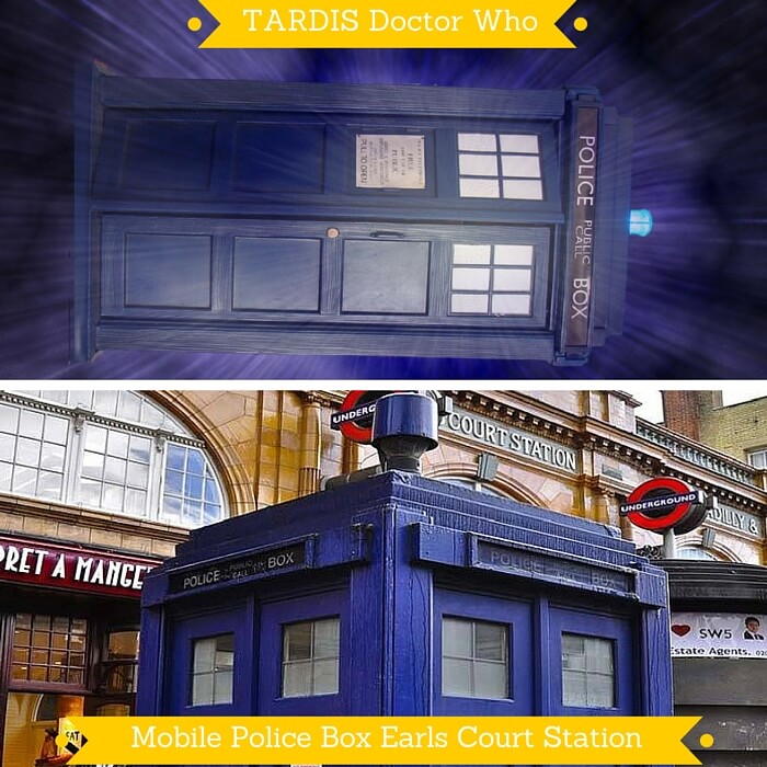 TARDIS from Doctor Who and the real mobile police box at Earls Court Station