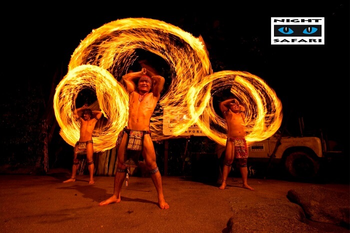 Fiery performances of fire warriors at Thumbuakar Show of Singapore Night Safari