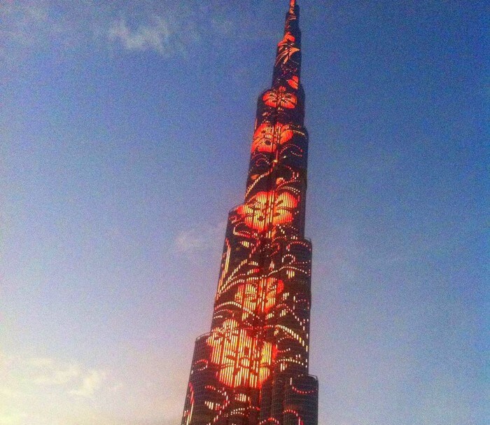 The beautifully lit Burj Khalifa in Dubai