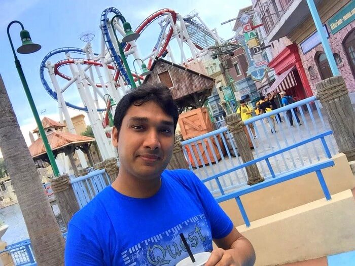 Ram in front of the Battlestar Galactica dueling roller coasters