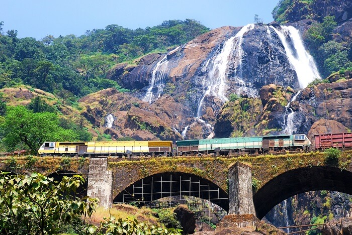 The train passing past Dudhsagar waterfalls in Goa