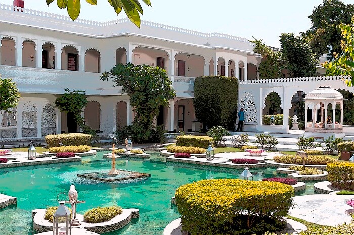 The lotus pond and Hindu temple inside the Taj Lake Palace