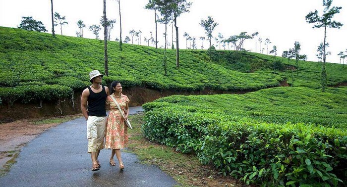 Couple enjoying views of lush valleys in Coorg