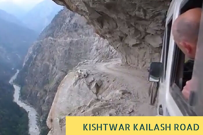 The narrow Kishtwar Kailash Highway with low overhanging cliff and no guardrails that make it one of the scariest roads in India
