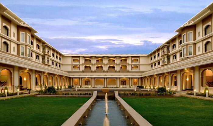 The courtyard and garden at the Indana Hotel in Jodhpur