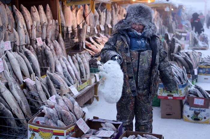 A local buying an arctic hare from the meat vendors in Oymyakon in winters