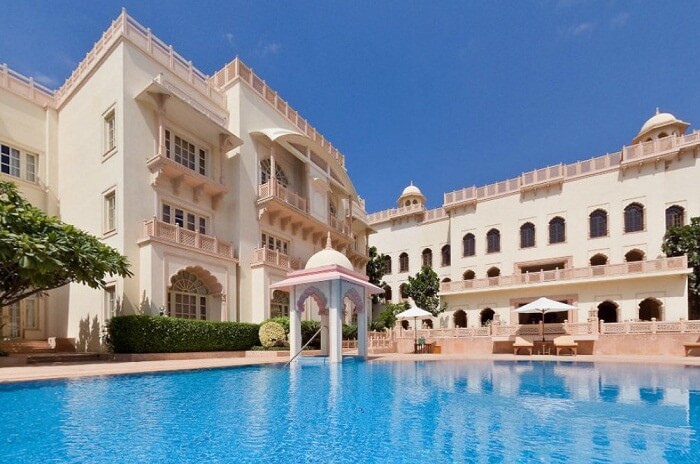 The swimming pool at the Hari Mahal hotel that is one of the best hotels in Jodhpur