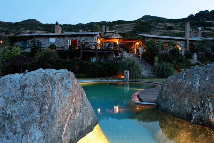 An evening shot of the swimming pool at the Aegean Island Villa near Athens in Greece