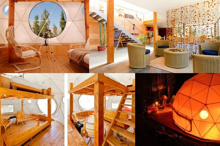 Many views of the interiors of the ElquiDomos Astronomic hotel in Chile