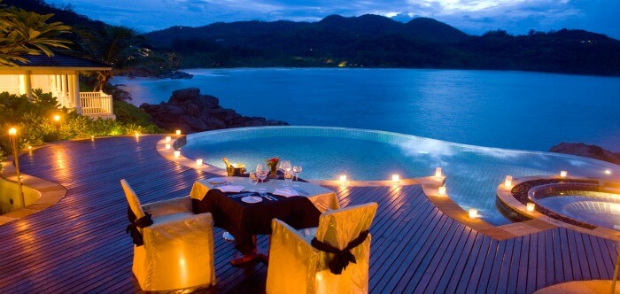 Outdoor seating area of the Fregate Island Resort