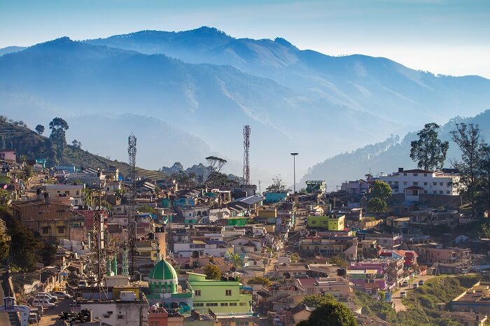 A view of the houses in Kodaikanal with the Nilgiris in the backdrop