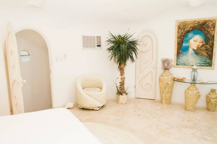 The interiors of a room at the Seashell House in Mexico
