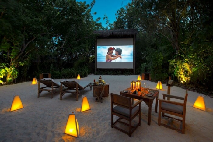 Open air jungle cinema setup in Maldives