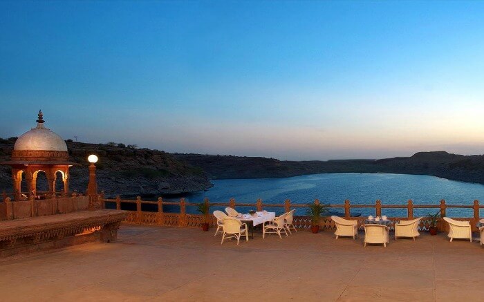 View of Balsamand Lake from WelcomHeritage Bal Samand Lake Palace