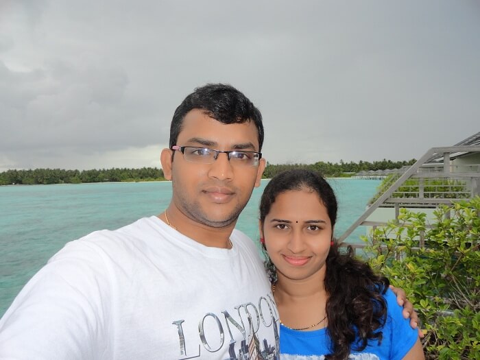 Karthik and his wife at the water villa in Sun Island Resort