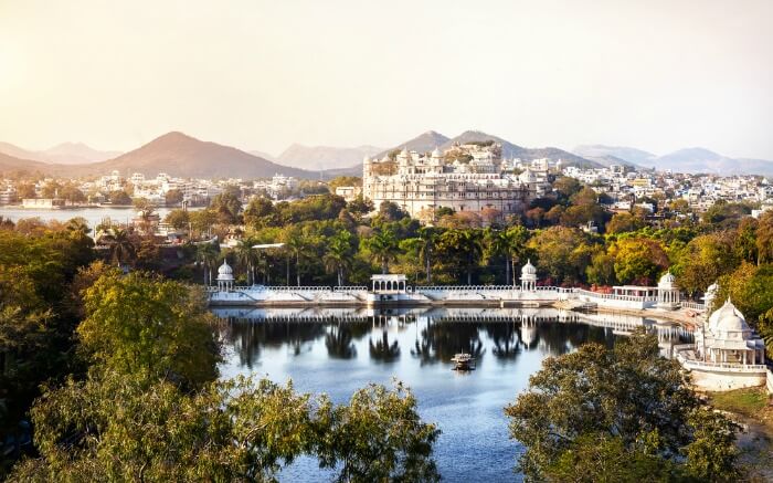 Aerial view of Lake Pichola in Udaipur