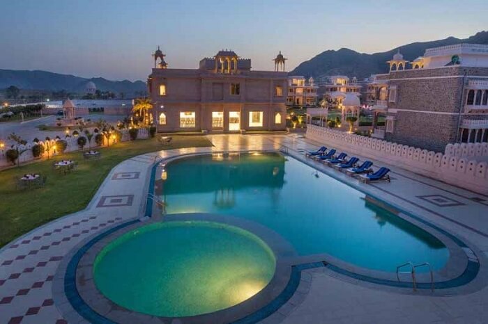 An evening shot of the exteriors of the grand Bhanwar Singh Palace in Ajmer