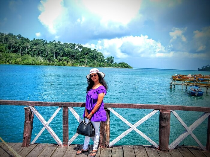 Asits wife poses for a photo in Andaman
