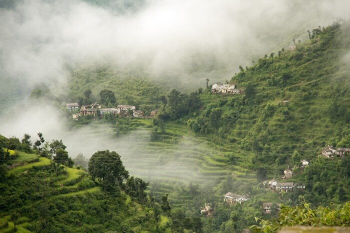 Mist covers the green hills on a winter morning in Khirsu