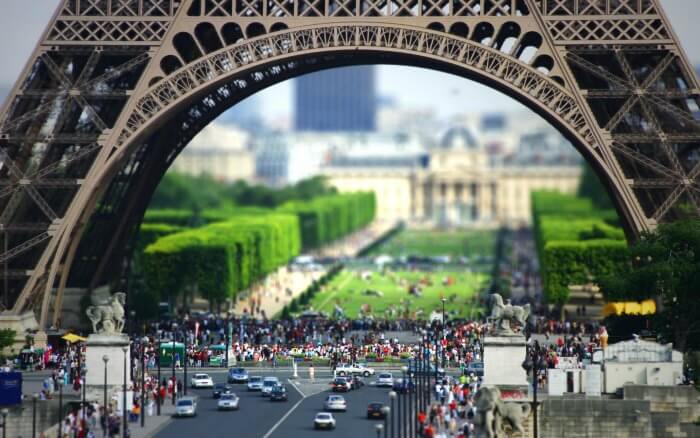 The busy road under the monumental Eiffel Tower