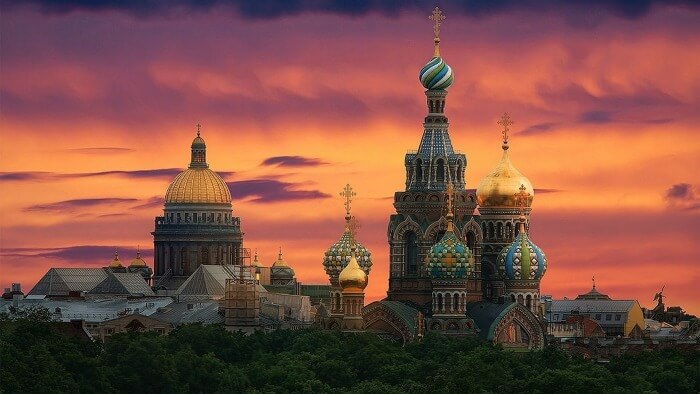 The St. Basil's Cathedral in Russia at dusk