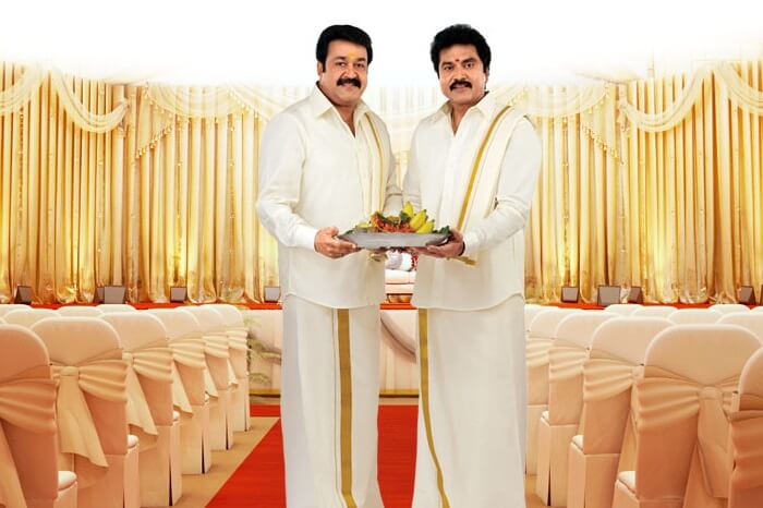 Actors pose for an ad of Kasavu Mundu dhotis