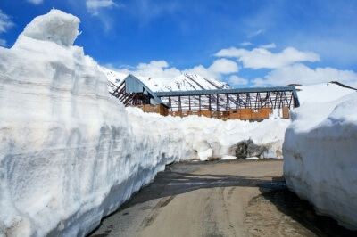 A path cut out of snow near Rohtang Pass
