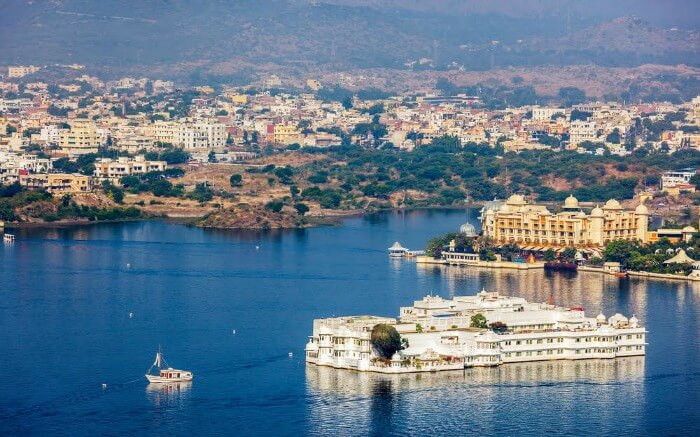Aerial view of Lake Pichola in Udaipur