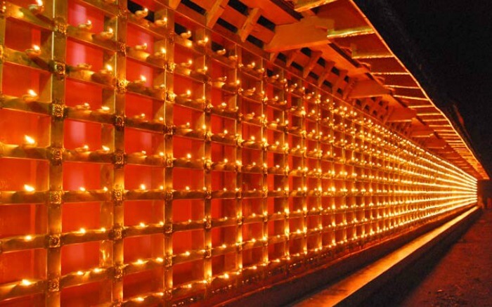 Butter lamps illuminated during the Tibetan Buddhist new year