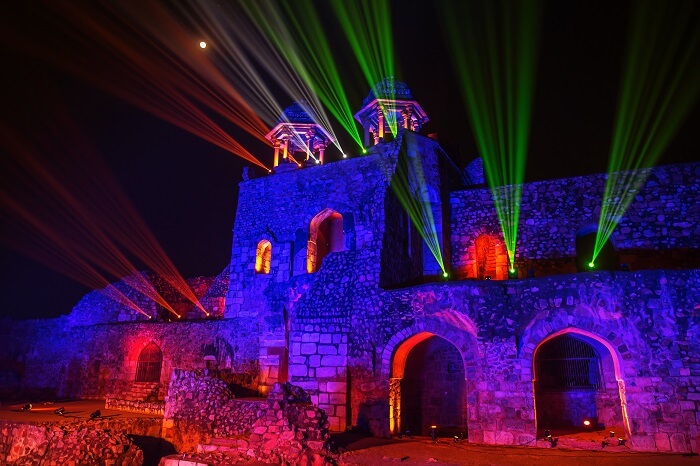 A light and sound show in the evening hours at Purana Qila in Delhi