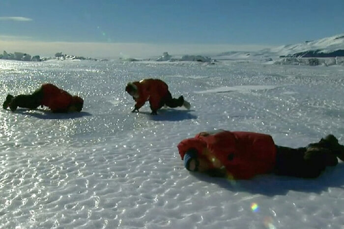 Inhabitants at research station in Antarctica enjoying fun moments in a scene from the documentary Encounters at the End of the World