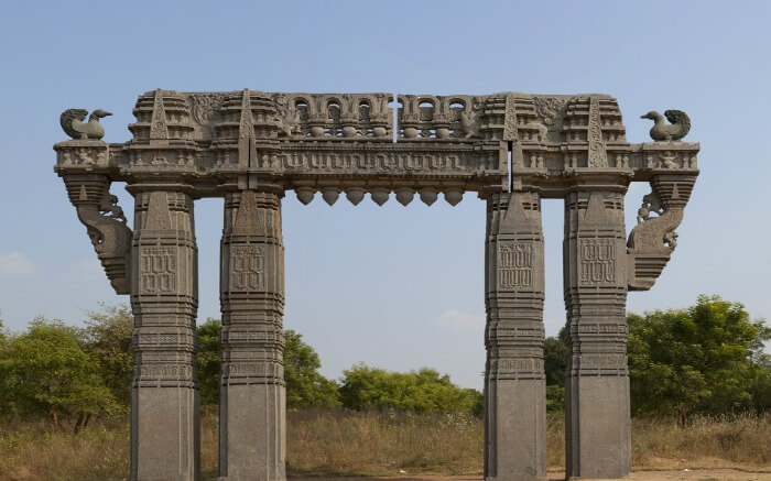 An ornate arched ruins in Warangal Fort