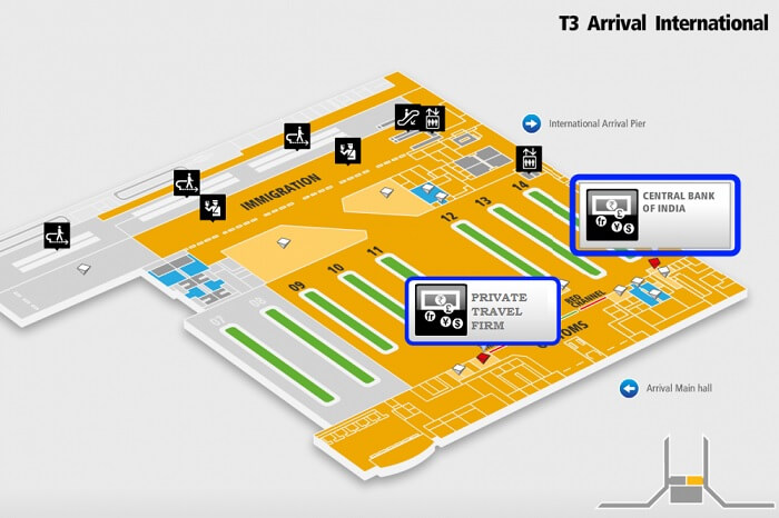 A schematic of the T3 of the Delhi airport and the forex counters there