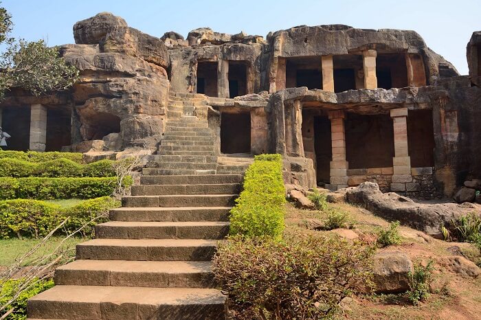 The fleet of stairs leading to the caves of Udayagiri and Khandagiri in Orissa
