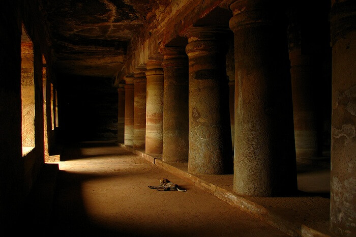 A dark alley inside the Bagh Caves in India