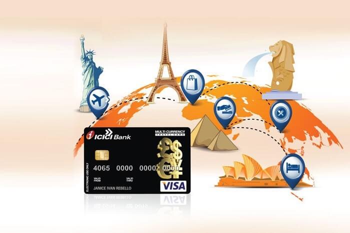 An ICICI ad for multi-currency card offering forex services for multiple destinations across the globe