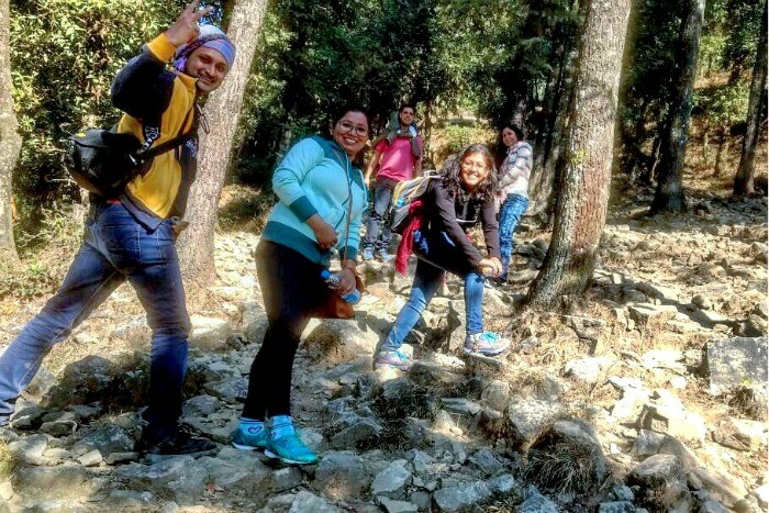 trekking up to the campsite in bir