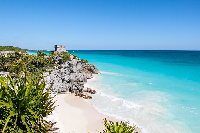 Mayan ruins and sea waves in Tulum Beach