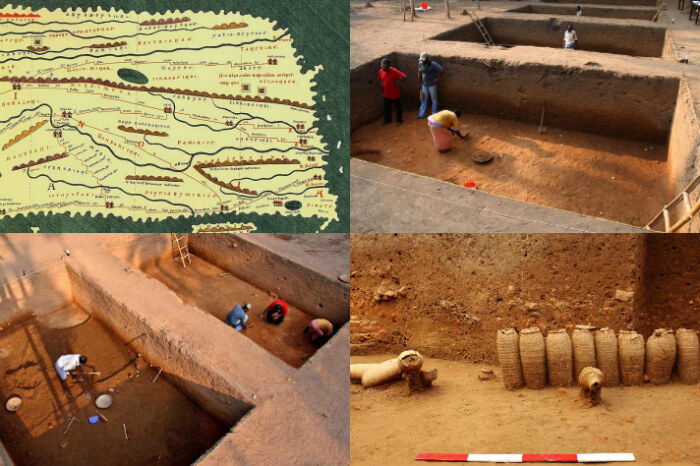 A collage showing scenes from the ancient lost city of Muziris