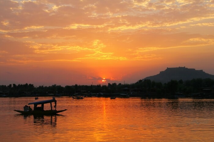 A picturesque Dal Lake at sunset in Kashmir
