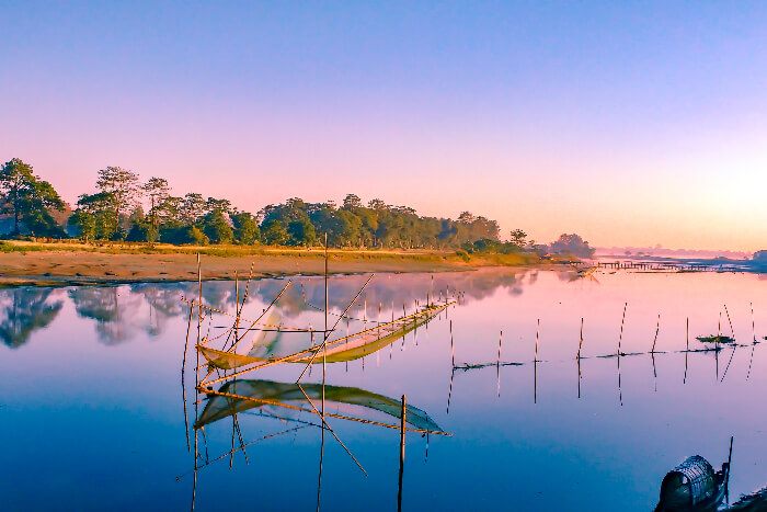 a boat in in the river in Majuli