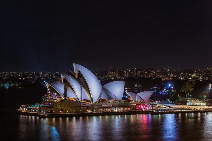 A night shot of the Sydney Opera House in Australia