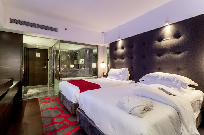 two beds in a hotel room