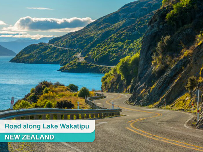 Road along Lake Wakatipu in New Zealand