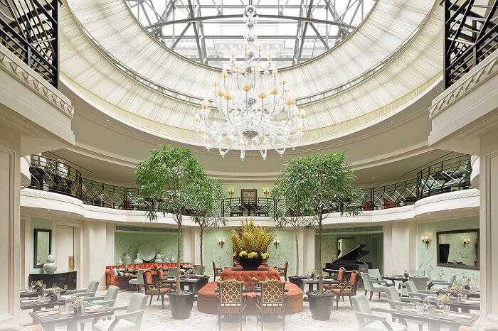The chic interiors of L-Abeille restaurant of Shangri-La Hotel near Eiffel Tower in Paris