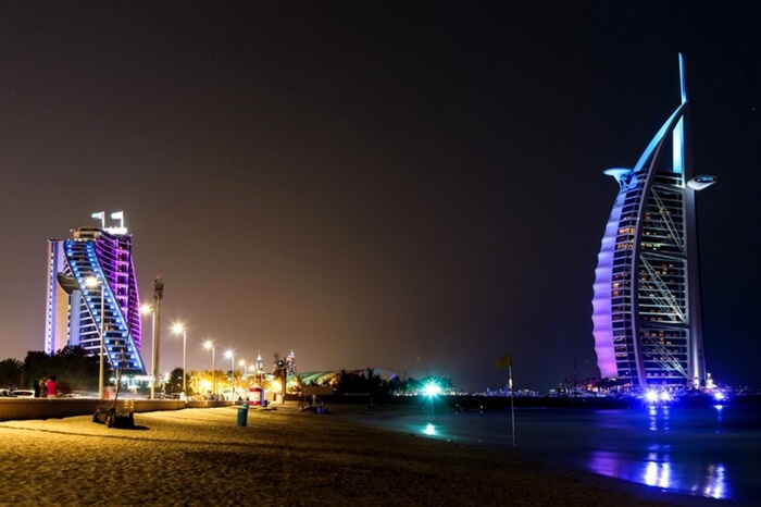 A view of Jumeirah public beach at night