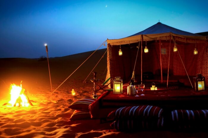 Camping setup in Arabian desert in Dubai at night