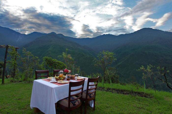 lunch on a table in a garden in the mountains of gangtok